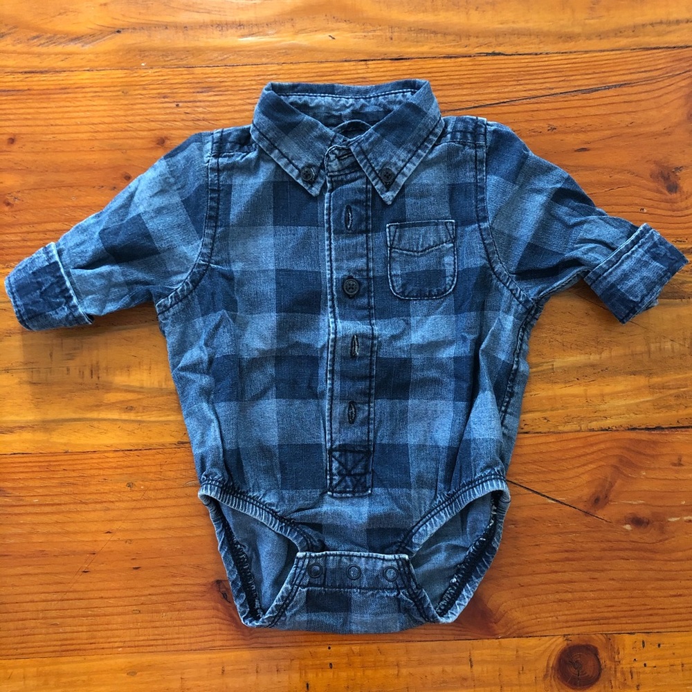 OshKosh B’gosh buffalo check plaid denim onesie